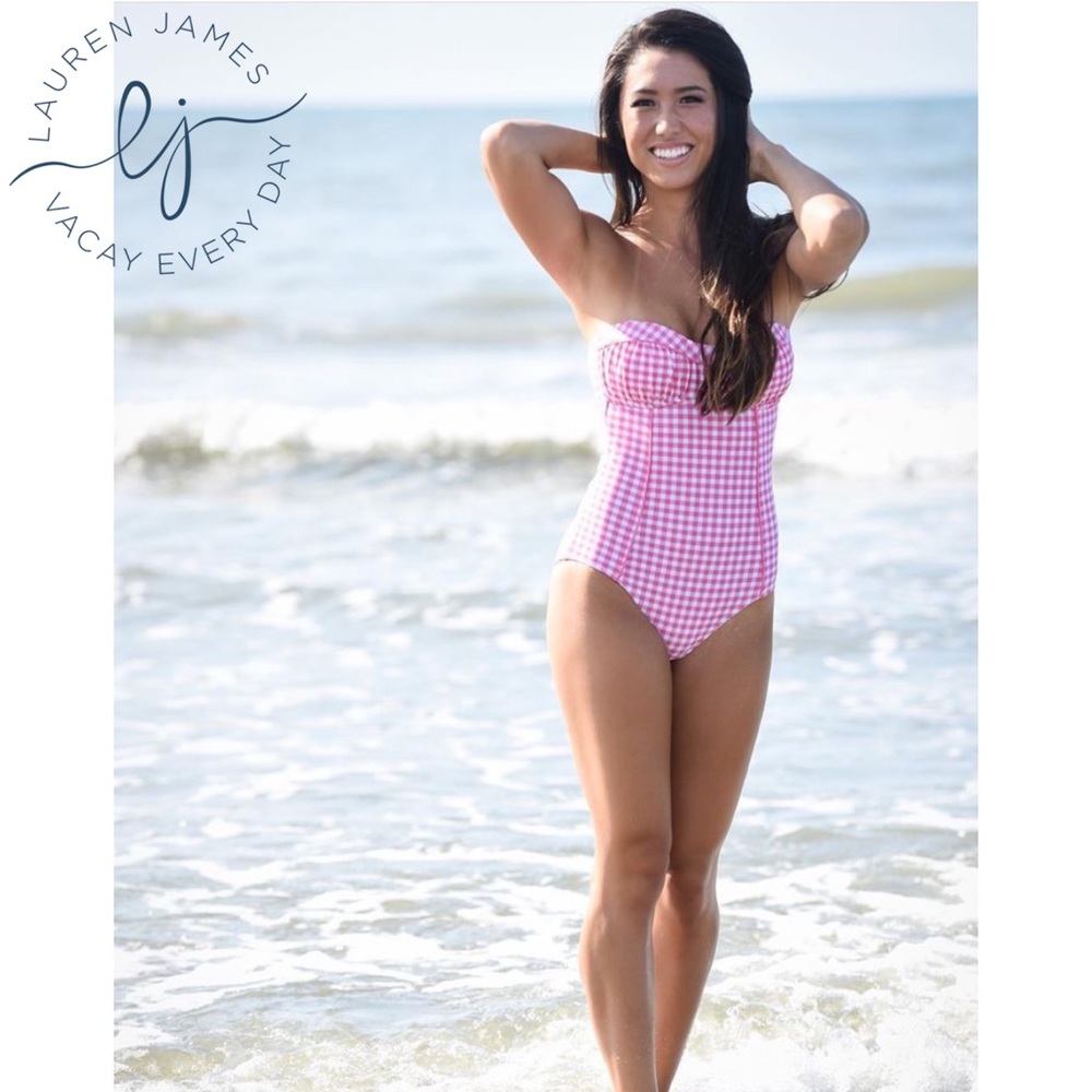 Lauren James Gingham One Piece Bandeau Swimsuit-Pink